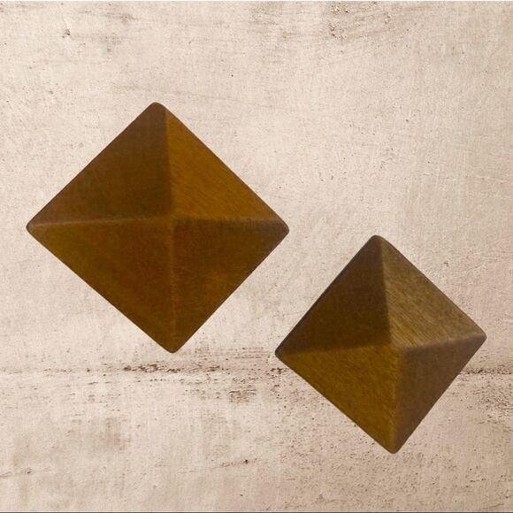 Clip-On Brown Wood Pyramid / Square Earrings - Picture 5 of 7